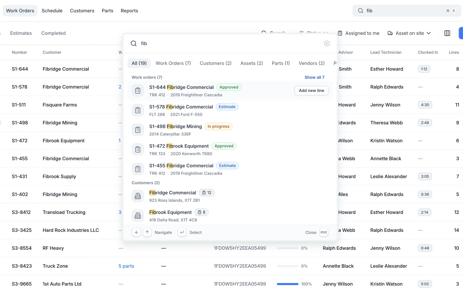 ShopView global search: a typed query with matches highlighted and results grouped by work orders, customers, assets, parts and vendors